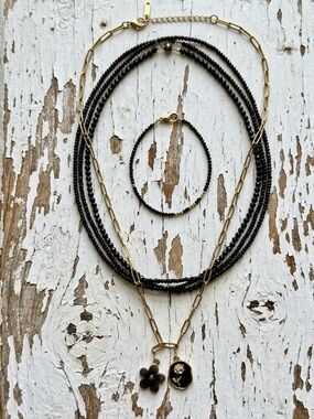 3 Necklaces & 1 Bracelet Set - Spinel, Quartz, Gold Plated Paperclip Chain